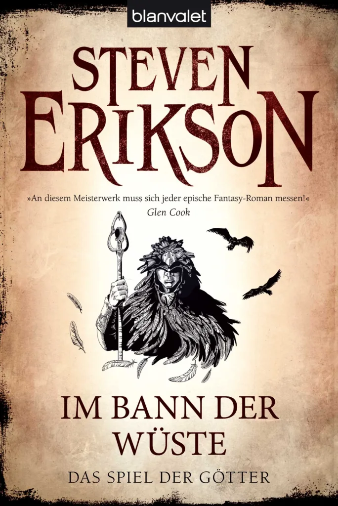 Cover des dritten Bandes des Spiels der Götter von Steven Erikson namens "Im Bann der Wüste", auf welchem eine Seherin mit zwei fliegenden Raben zu sehen ist.