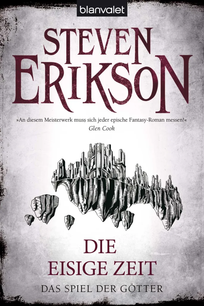 Cover des vierten Bandes des Spiels der Götter von Steven Erikson namens "Im Bann der Wüste". Auf diesem ist eine fliegende Stadt abgebildet.