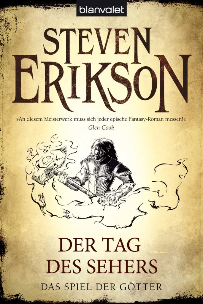 Cover des fünften Bandes des Spiels der Götter von Steven Erikson namens "Im Bann der Wüste". Auf diesem ist Caladan Bruth mit dem Hammer Brands abgebildet.