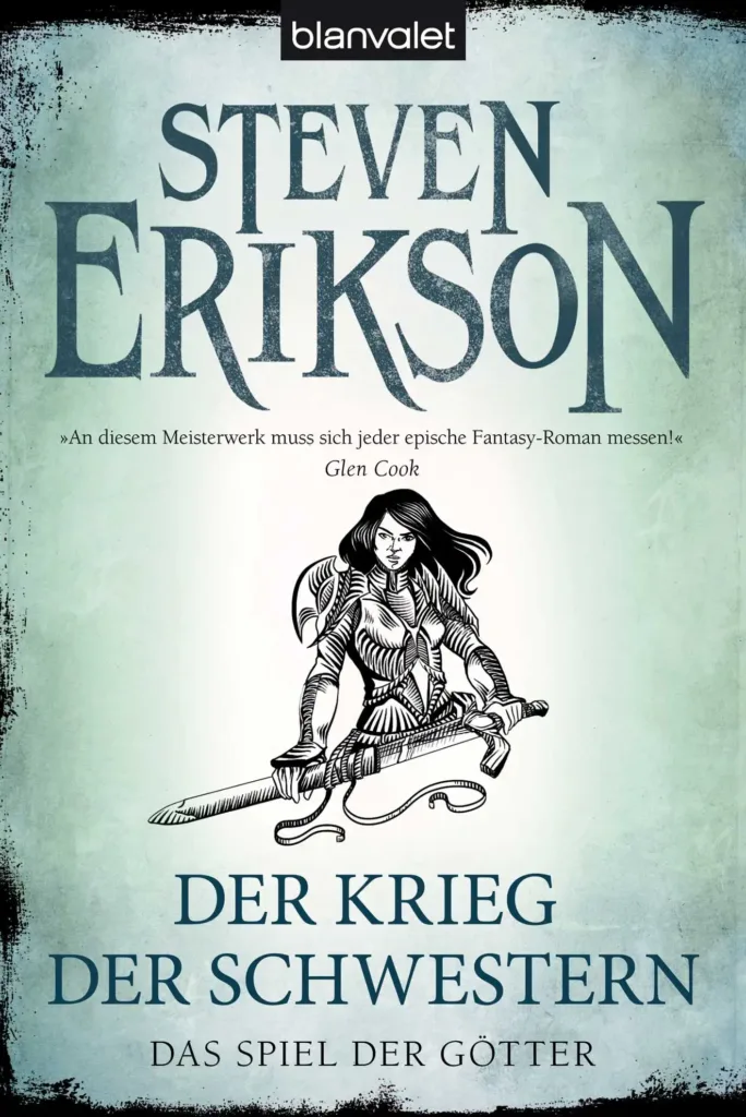 Cover des sechsten Bandes des Spiels der Götter von Steven Erikson namens "Der Krieg der Schwestern" mit dem Abbild Mandata Tavores.