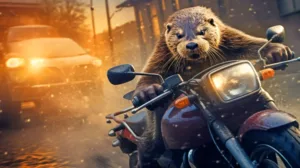 Otter auf dem Motorrad, Teil des Wandkalenders "Otter bei der Arbeit"