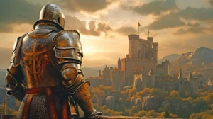 Wandkalender_Abstecher ins Mittelalter_Titelbild Ritter blickt auf seine Burg, Teil des Wandkalenders "Abstecher ins Mittelalter"