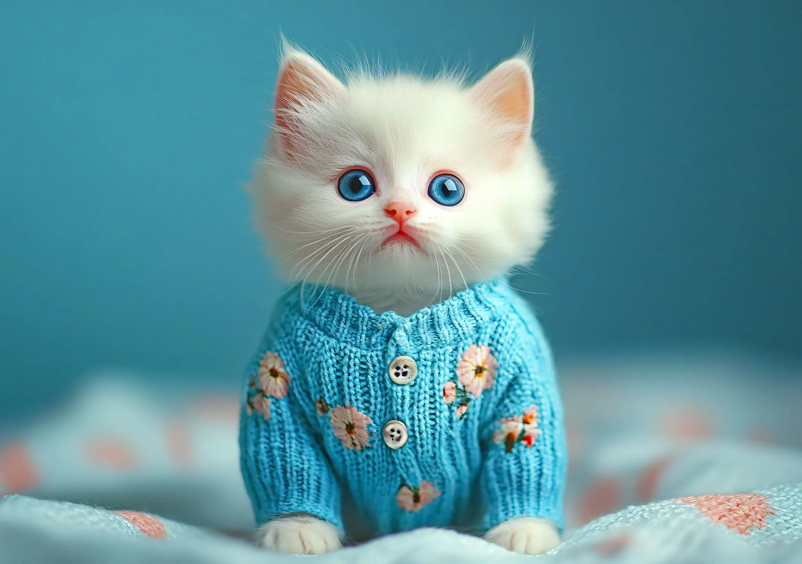 Das Februar Bild des Wandkalenders "Strick-Pfoten - Flauschige Freunde in gestrickten Meisterwerken".